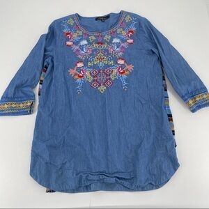 Caleoas Womens Chambray  Embroidery Long Sleeve tunic Top Size S